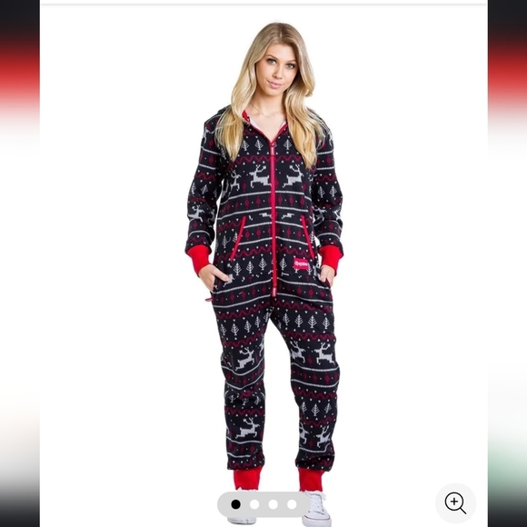 Tipsy Elves Pants - NWT! Tipsy Elves, Women's Black And Red Fair Isle Jumpsuit, Size Large, NEW! $90